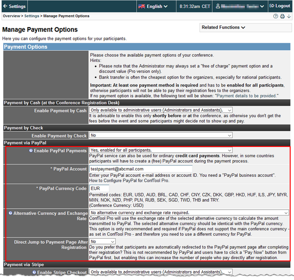 Image 16: PayPal settings in ConfTool - Click on image to enlarge