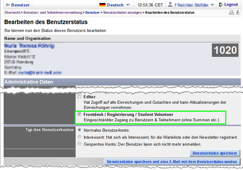Bild 1: Zuweisung des Benutzerstatus "Frontdesk" - Zum Vergrößern bitte anklicken
