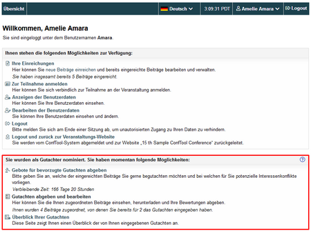 Abbildung 2: Benutzerkonto Gutachter mit Optionen | Zum Vergrößern bitte anklicken