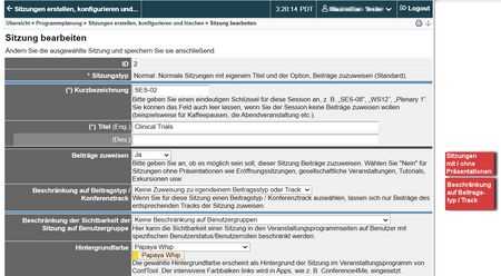 Image 4.1: Page for settings for single session - click to enlarge