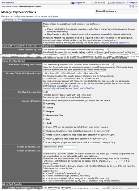 Image 5 - Settings for Pay Now in ConfTool Pro - click to enlarge