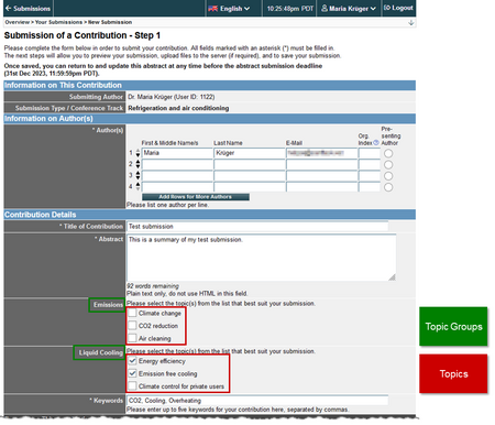 Image 7: Example submission form with two topic groups - Click on image to enlarge