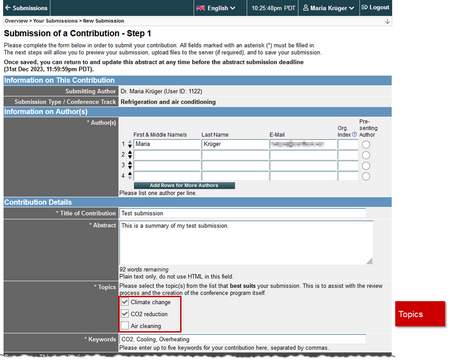 Image 6: Example submission form with 3 topics - Click on image to enlarge