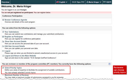 Image 8: Access to the priority topic selection for reviewers - Click on image to enlarge